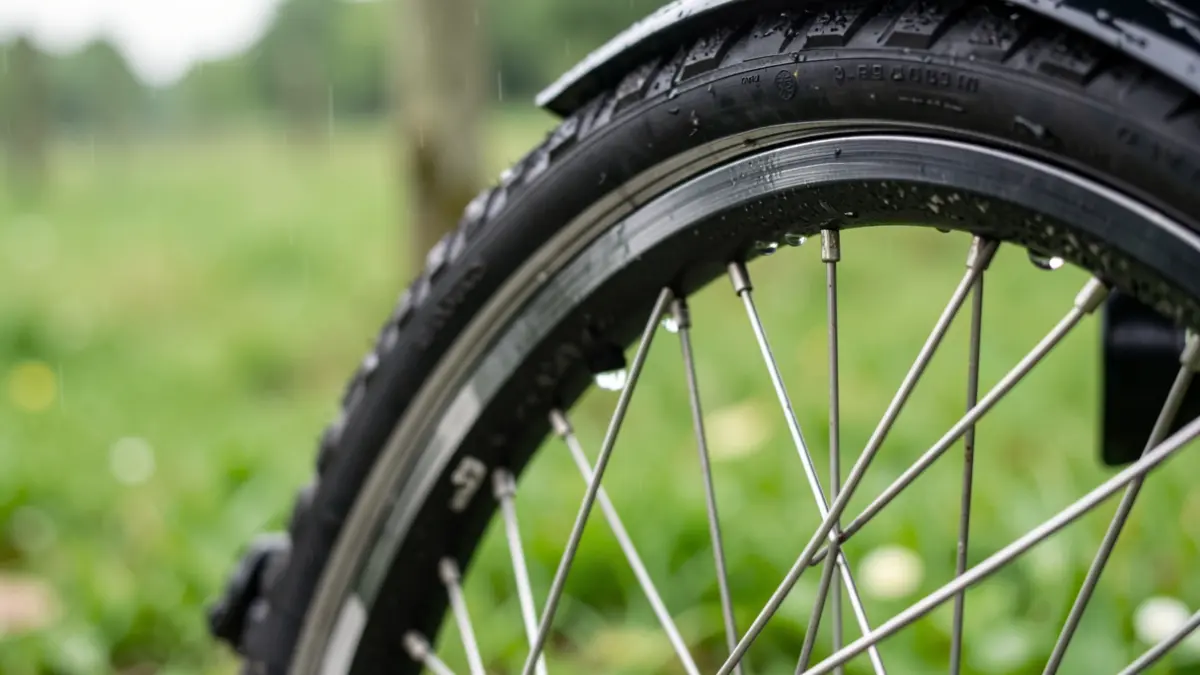 Imagen de primer plano de la rueda de una bicicleta, evocando un accidente de ciclista.