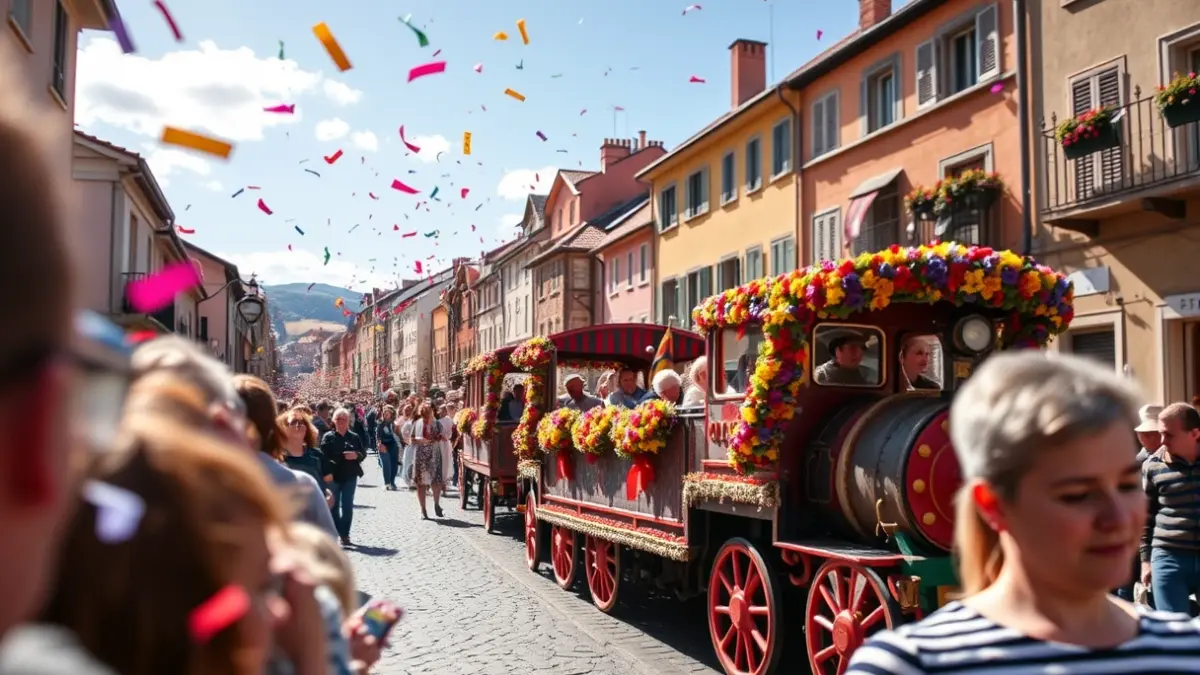 Desfile de tamborrada infantil en Zestoa, con una carroza del tren de Urola, bajo el sol.