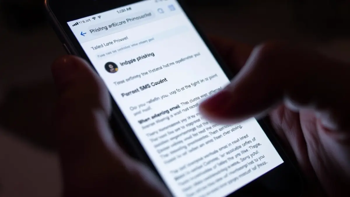 Smartphone screen displaying a fraudulent message, representing the risk of cybercrime.