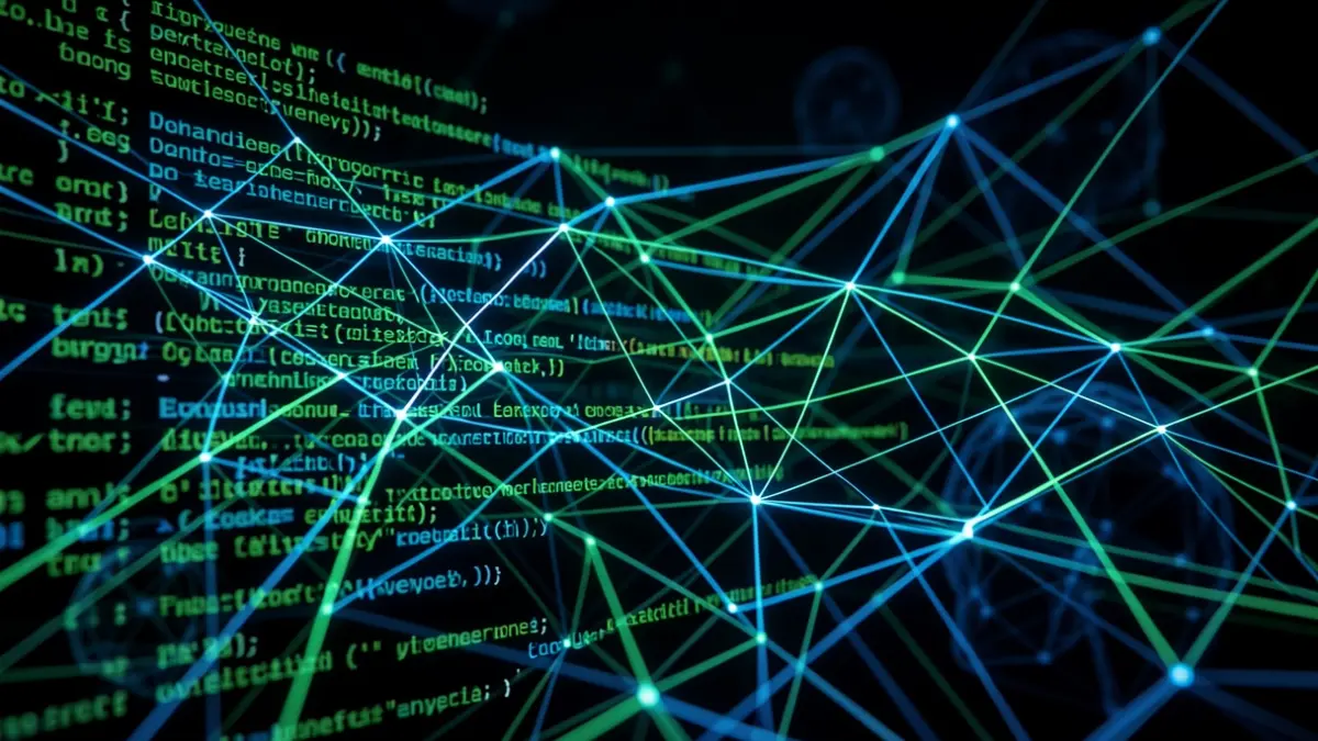 Generic image of glowing code forming a complex network.