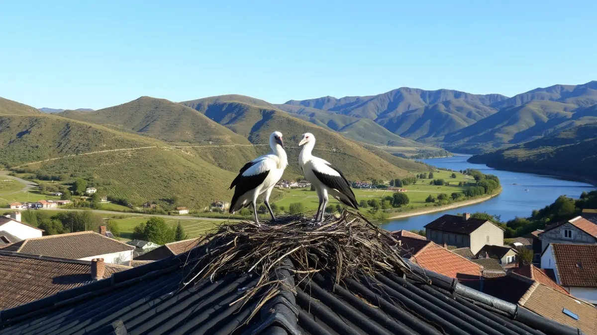 Imagen de una pareja de cigüeñas anidando en un tejado de un pueblo de Urdaibai.
