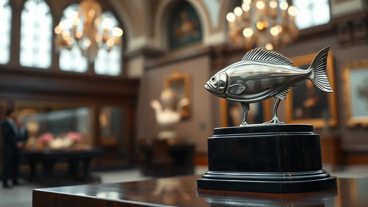 Generic image of a silver anchovy award, displayed in a museum.