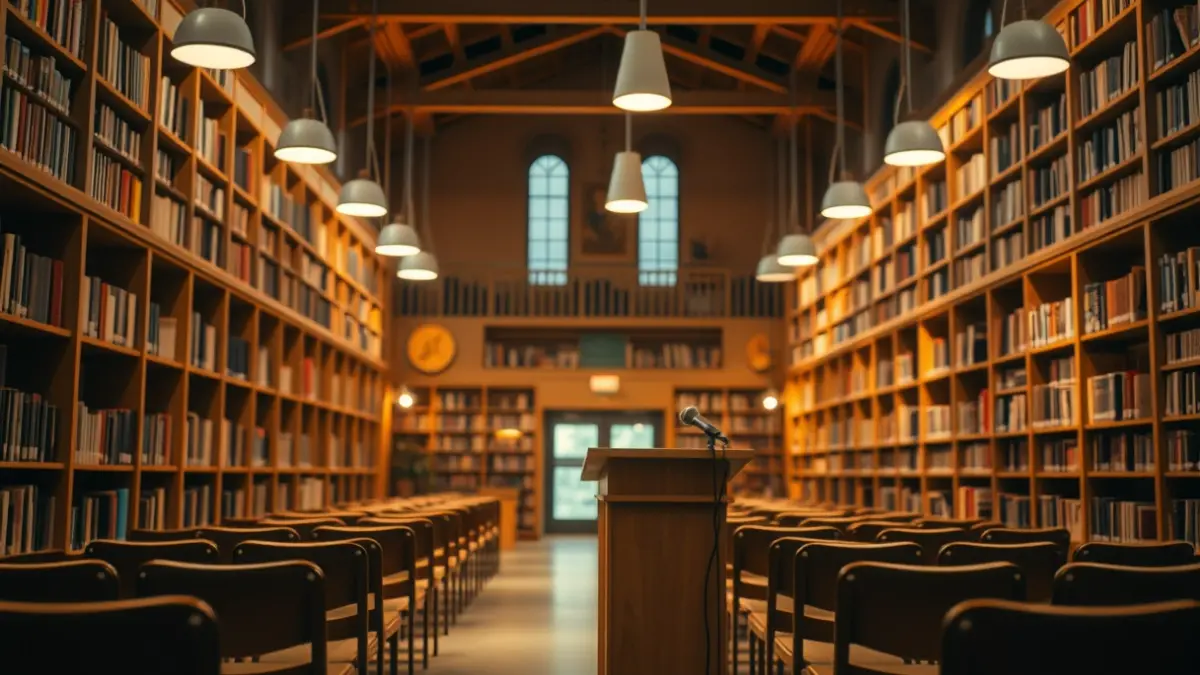 Imagen genérica del interior de una biblioteca, con estanterías de madera y un micrófono.