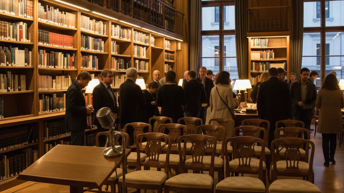 Imagen genérica: Interior de una biblioteca con un micrófono y sillas vacías.
