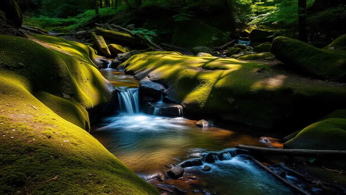 Imagen genérica de un manantial natural emergiendo de rocas cubiertas de musgo en un bosque frondoso, agua clara y luz solar filtrándose entre los árboles.