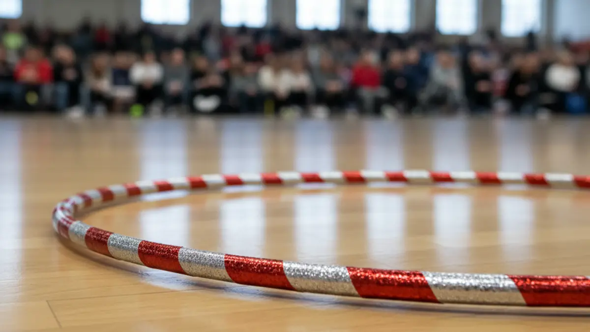 Generic image of a rhythmic gymnastics hoop on a polished floor.