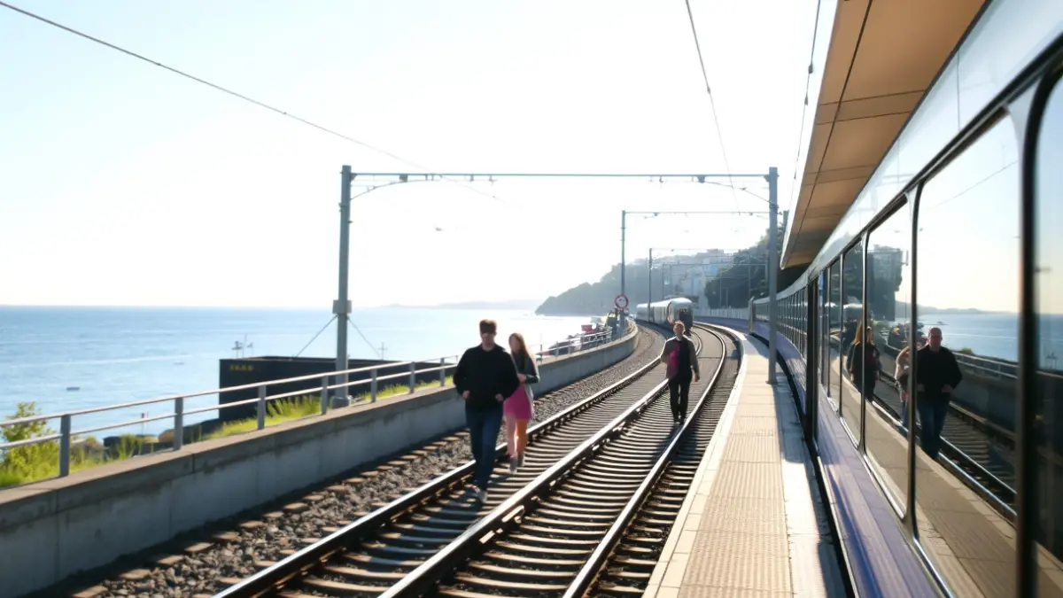 Zumaia eta Donostia arteko trenbidearen irudi generikoa, tren bat geltokira iristen.