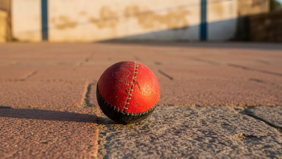 Pilota-pilota bat frontoi batean, lurrean pausatuta, atzealde lausoarekin.