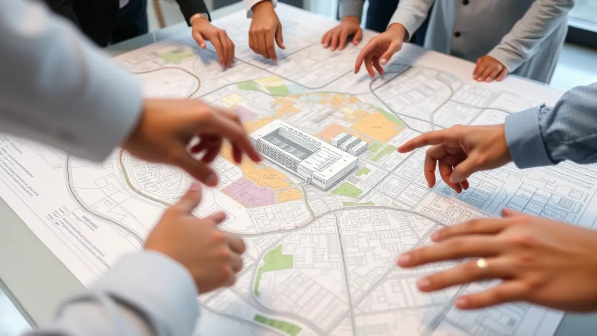 Mapa detallado de un plan urbanístico con zonas y líneas de colores, sugiriendo proyectos de vivienda futuros.