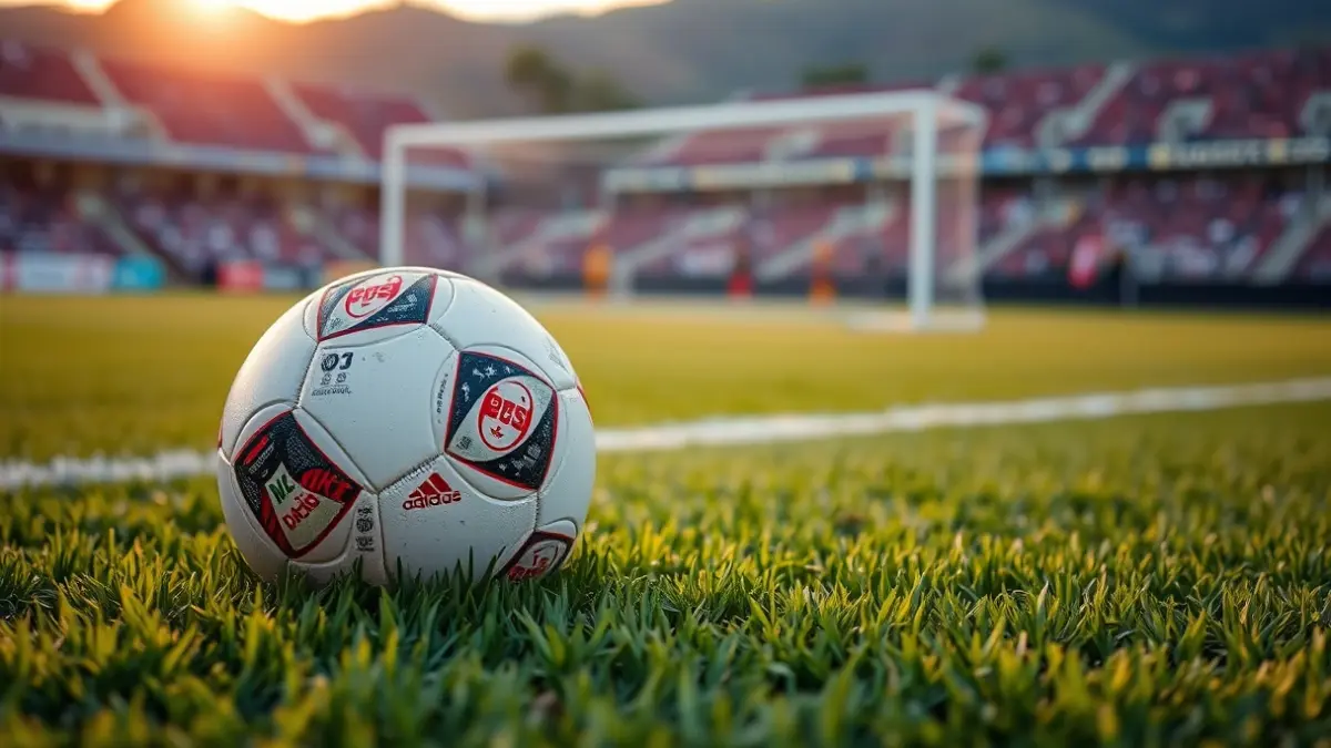 Generic image of a soccer ball on grass, with a blurred goal net in the background.