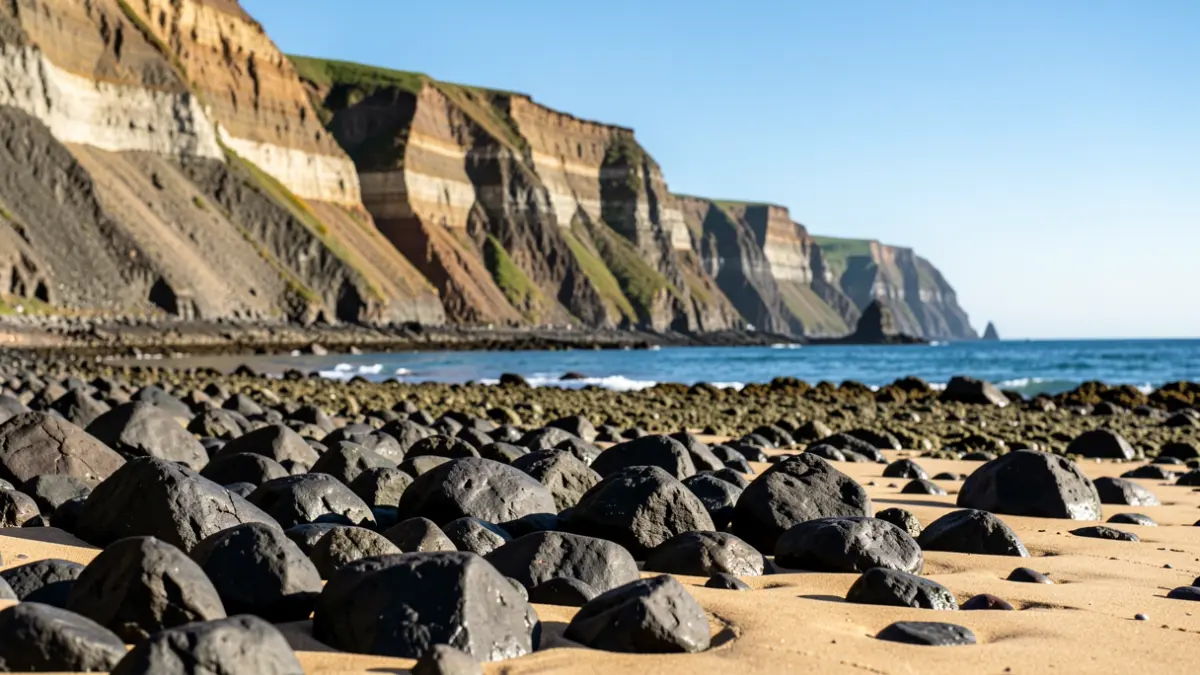 El borde rocoso de la playa de Itzurun en Zumaia, con los acantilados del flysch al fondo.