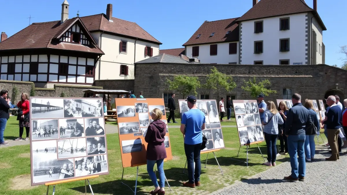 Exhibition of historical photographs in a neighborhood of Zumarraga, outdoors.
