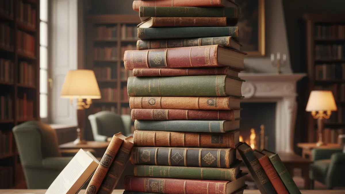 Pila de libros sobre una mesa de madera, con un fondo difuminado de una biblioteca acogedora, sugiriendo un ambiente de lectura tranquilo.
