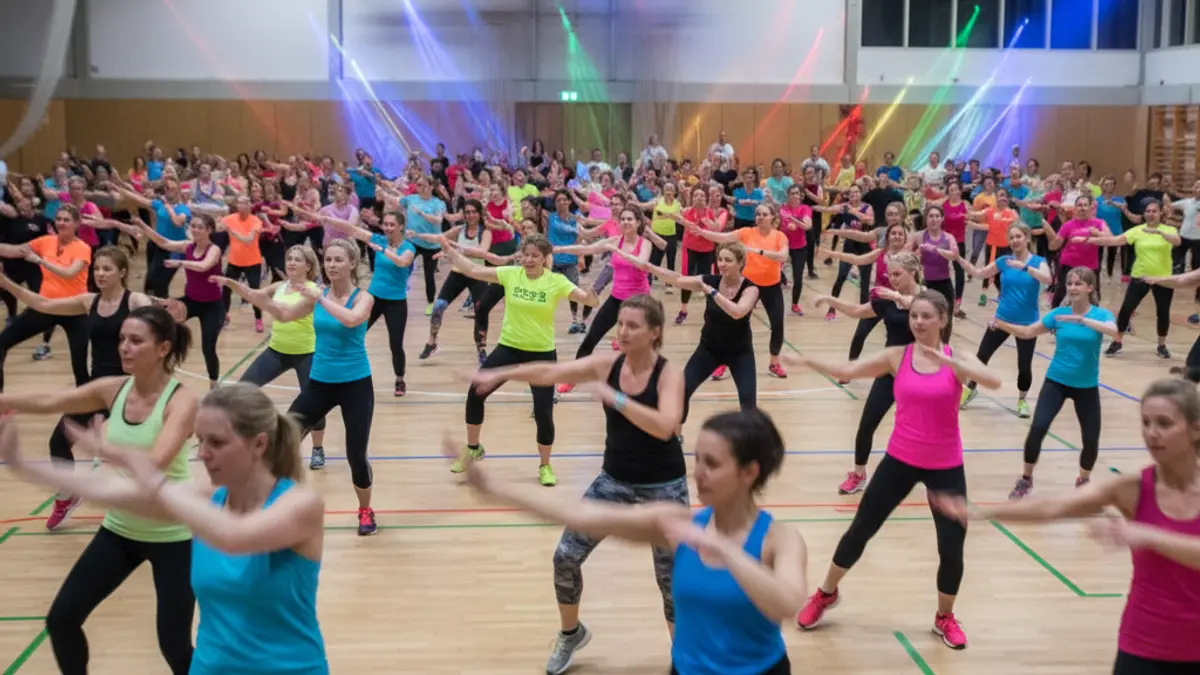 Generic image of a zumba class with many people moving energetically.