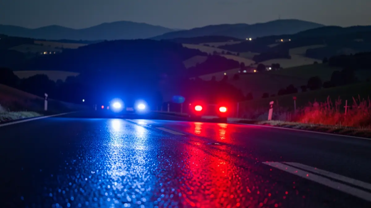Generic image: blue and red emergency lights reflecting on wet asphalt at night.