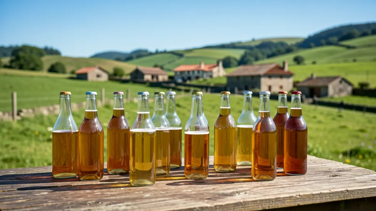 Generic image of cider bottles and Basque Country landscape.