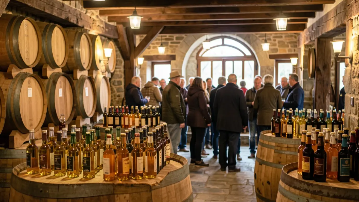Generic image of a traditional Basque cider house interior, with barrels and tables, bottles of cider.