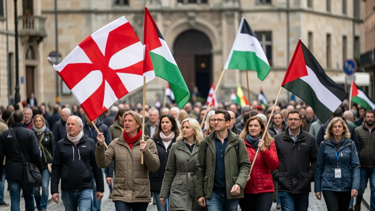 Image of a large demonstration with flags and a message of solidarity.