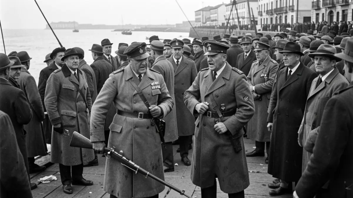 Irudia generikoa da, baina 1926ko Donostiako kaian gertatutako istilu bat irudikatzen du, non bi udaltzain nahasi eta tentsioz agertzen diren.