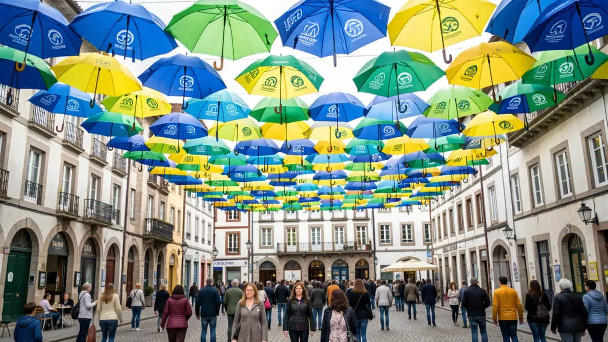 Exhibición de paraguas coloridos suspendidos en el aire sobre una plaza pública en Urola Garaia, creando un dosel de sombra comunitaria.