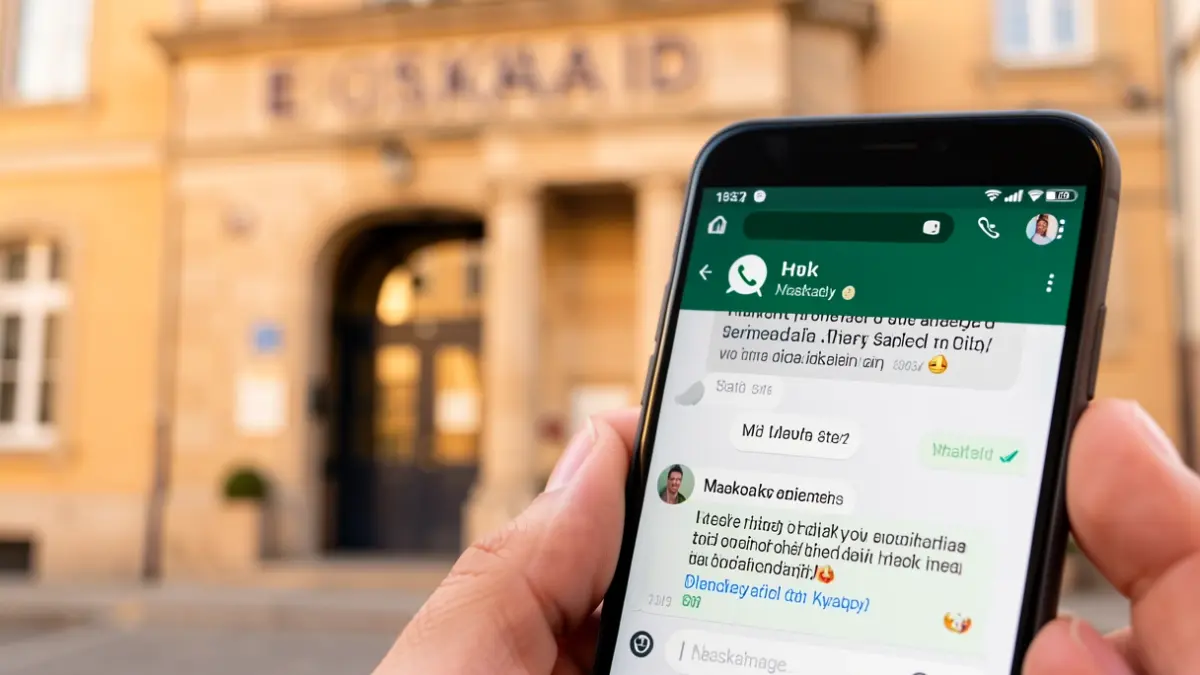 Irudi generikoa telefono mugikor batean udalerriko informazioa erakusten duen WhatsApp txat interfaze bat.