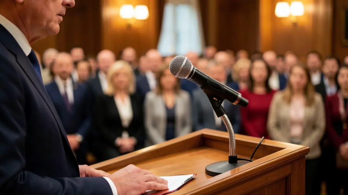 Close-up image of a microphone on a podium with blurred figures in the background.