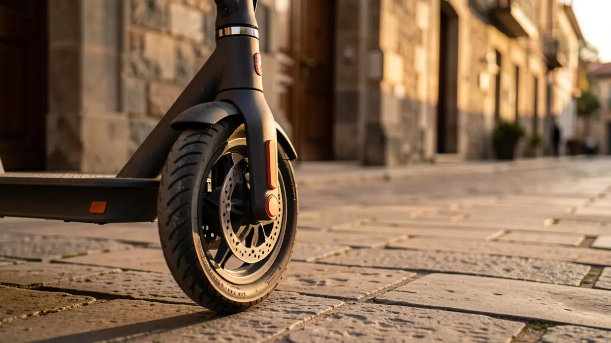 Irudia generikoa da, baina Euskal Herriko herri bateko kale harriztatu batean aparkatutako patinete elektriko baten hurbileko irudia erakusten du.