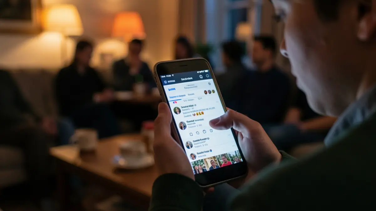 Generic image: A young person's hand holding a smartphone displaying a blurred social media feed, with a background of a cozy, dimly lit room suggesting evening.