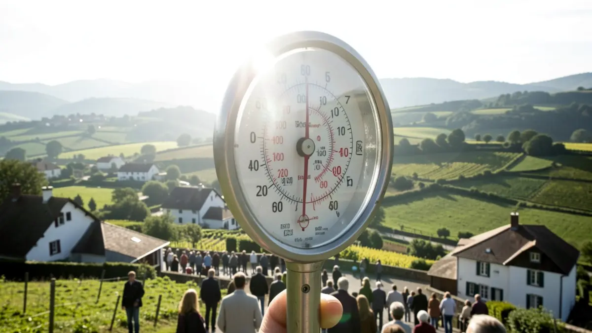 Un termómetro mostrando una temperatura muy alta con el telón de fondo de un paisaje brumoso del País Vasco con colinas verdes y casas blancas tradicionales, bajo un sol brillante e intenso.