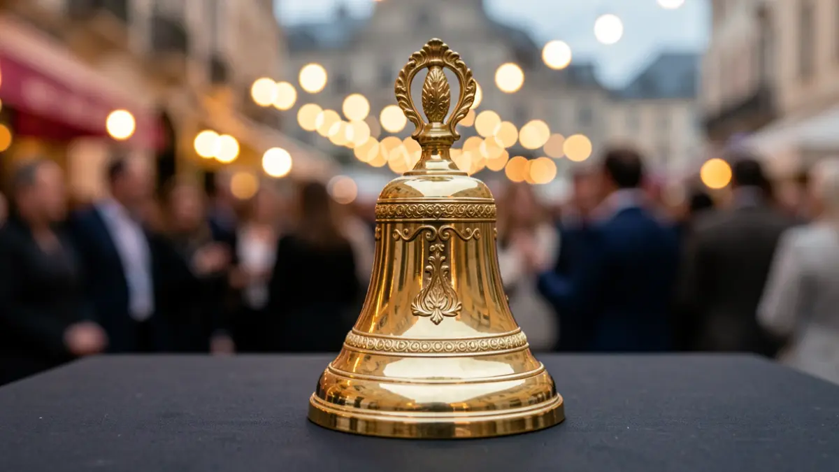 Close-up of a golden bell-shaped trophy on a dark surface.