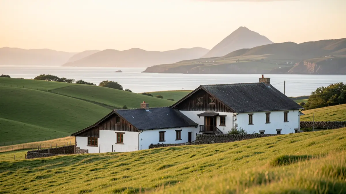 Paisaje tradicional de Euskadi con un caserío y vista al mar.