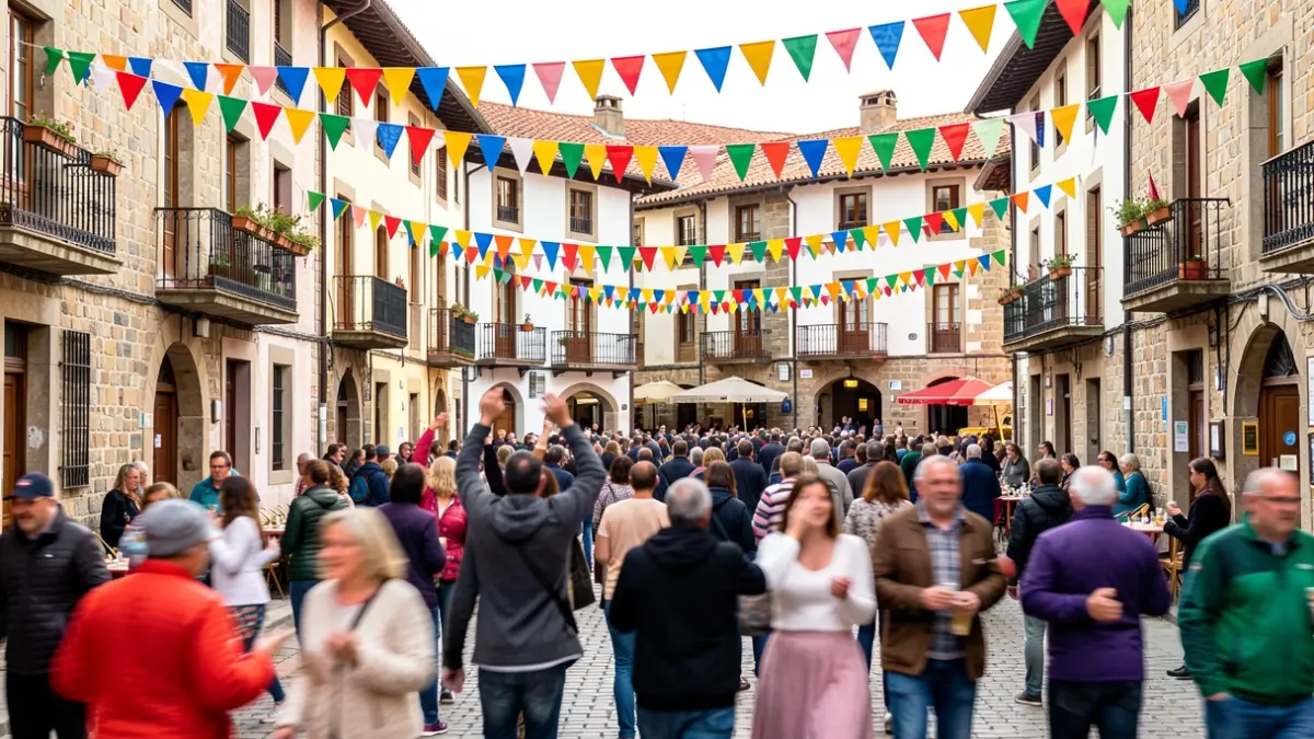 Imagen genérica: Ambiente festivo en una plaza del País Vasco, con pancartas coloridas y figuras borrosas de personas celebrando.
