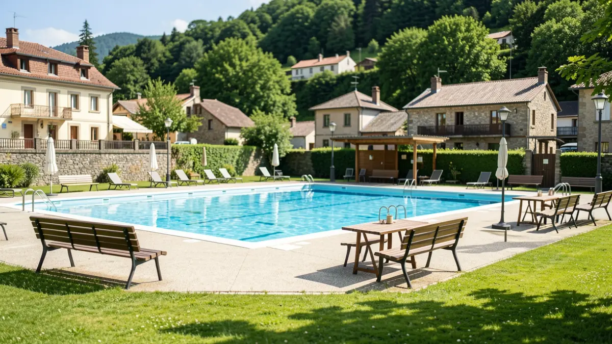 Exterior view of a municipal swimming pool complex in a Basque town during summer, with green areas, benches, and tables. The sun is shining, and the atmosphere is relaxed and inviting.