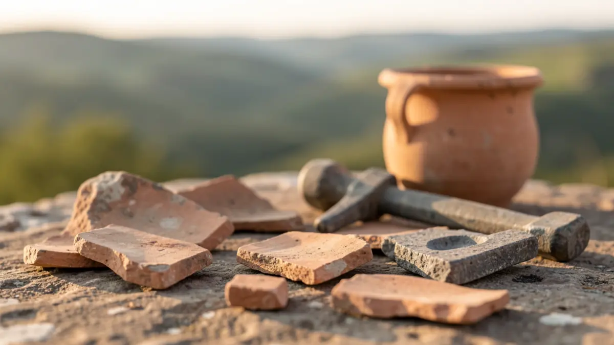 Imagen genérica: Artefactos arqueológicos antiguos, fragmentos de cerámica y herramientas de piedra dispuestos sobre una superficie texturizada, con iluminación suave y cálida que resalta los detalles y texturas.