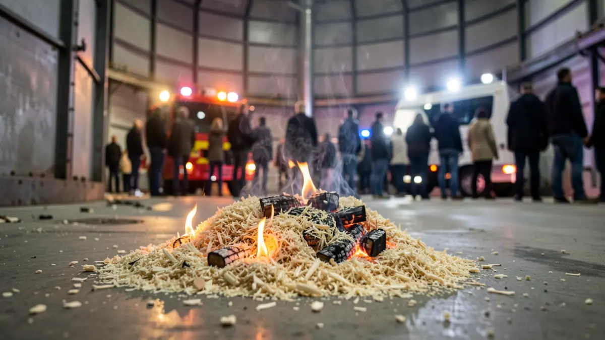 Close-up of a pile of sawdust smoldering with small flames, inside a large industrial silo, with blurred industrial background and emergency lights reflecting on the floor, documentary photography style.