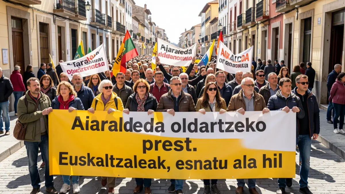 Aiaraldearrek pankarta bat dute 'Aiaraldea oldartzeko prest. Euskaltzaleak, esnatu ala hil' leloarekin, Iruñeko manifestazio batean.