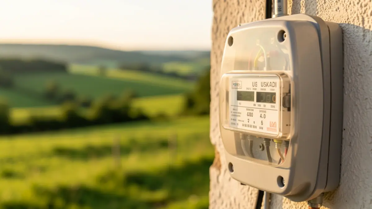 Primer plano del contador eléctrico de una casa con un paisaje verde de Euskadi desenfocado al fondo.