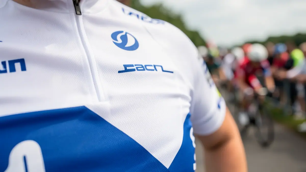 Imagen genérica: detalles de un maillot de ciclismo blanco y azul, con el fondo difuminado de una carrera en ruta o contrarreloj.