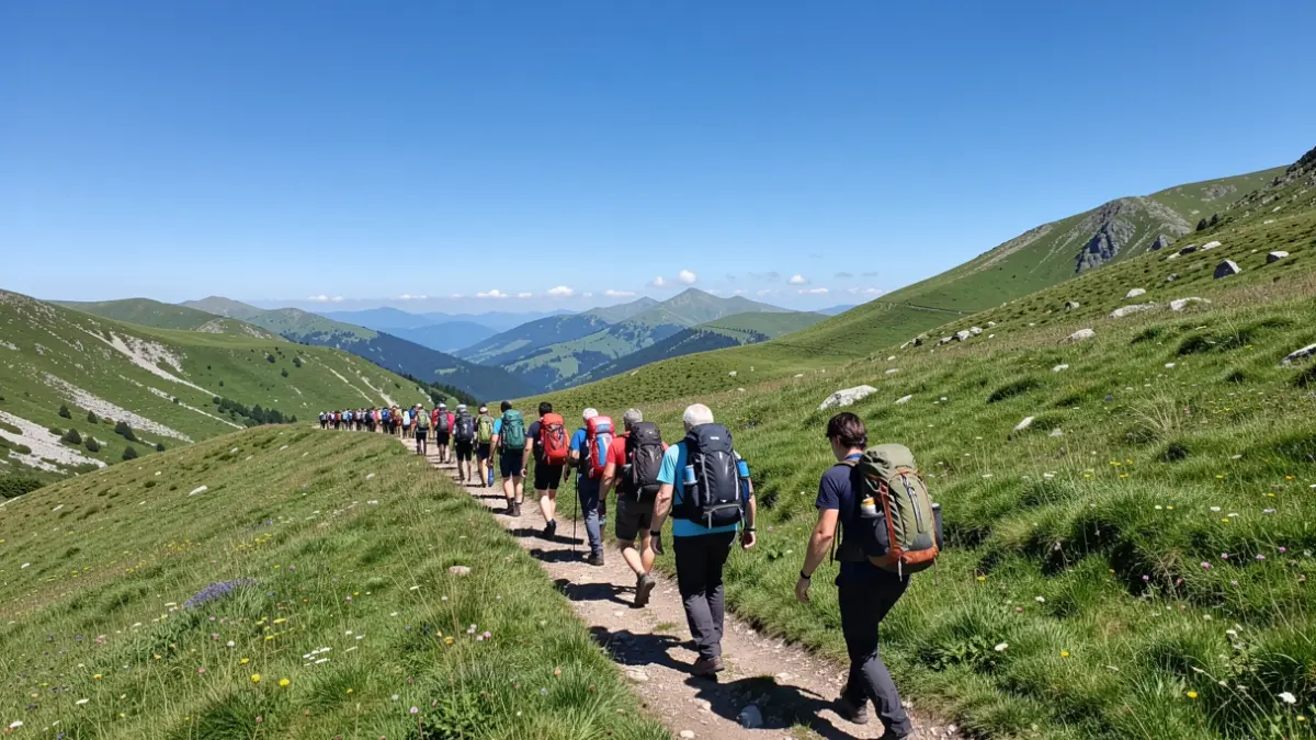 Mendizale talde bat Euskadiko mendi-bide berde batetik gora igotzen, zeru urdin argiaren azpian.