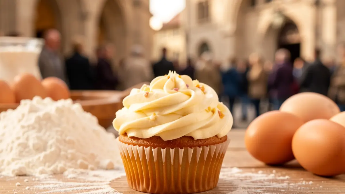 Generic image: a decorated cupcake with blurred baking ingredients in the background.