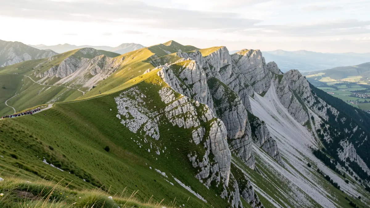 Panoramic view of the Aloña mountain range, featuring green slopes and limestone rock formations.
