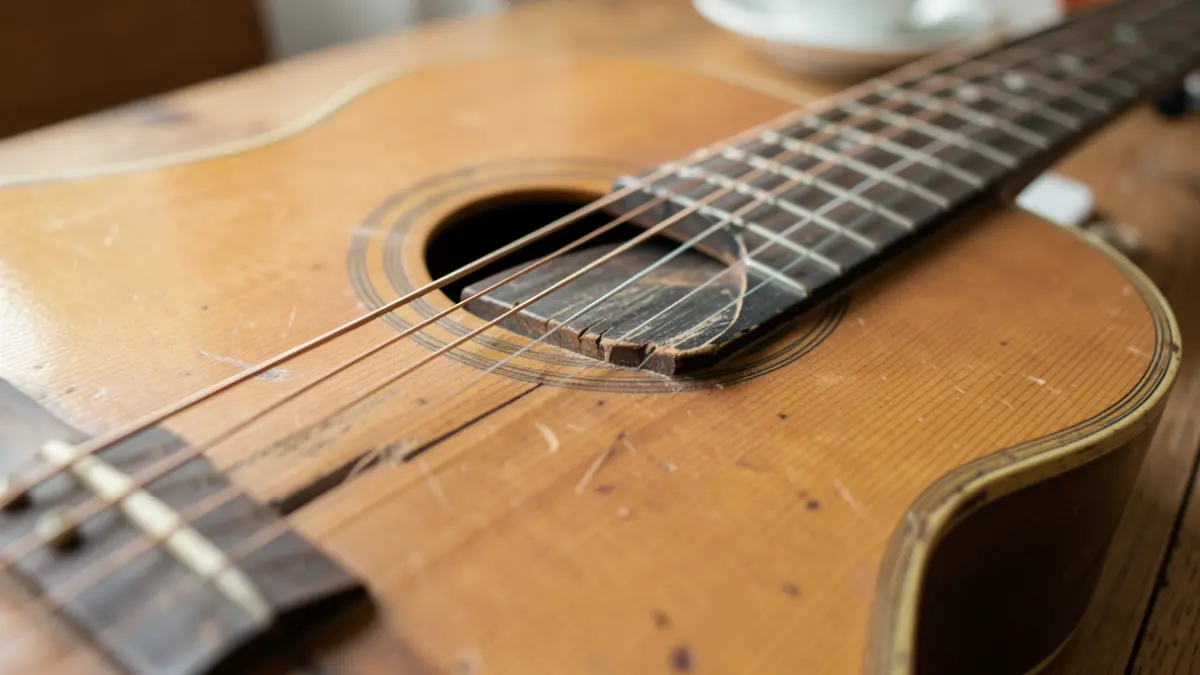 Generic image: a vintage acoustic guitar on a wooden surface.