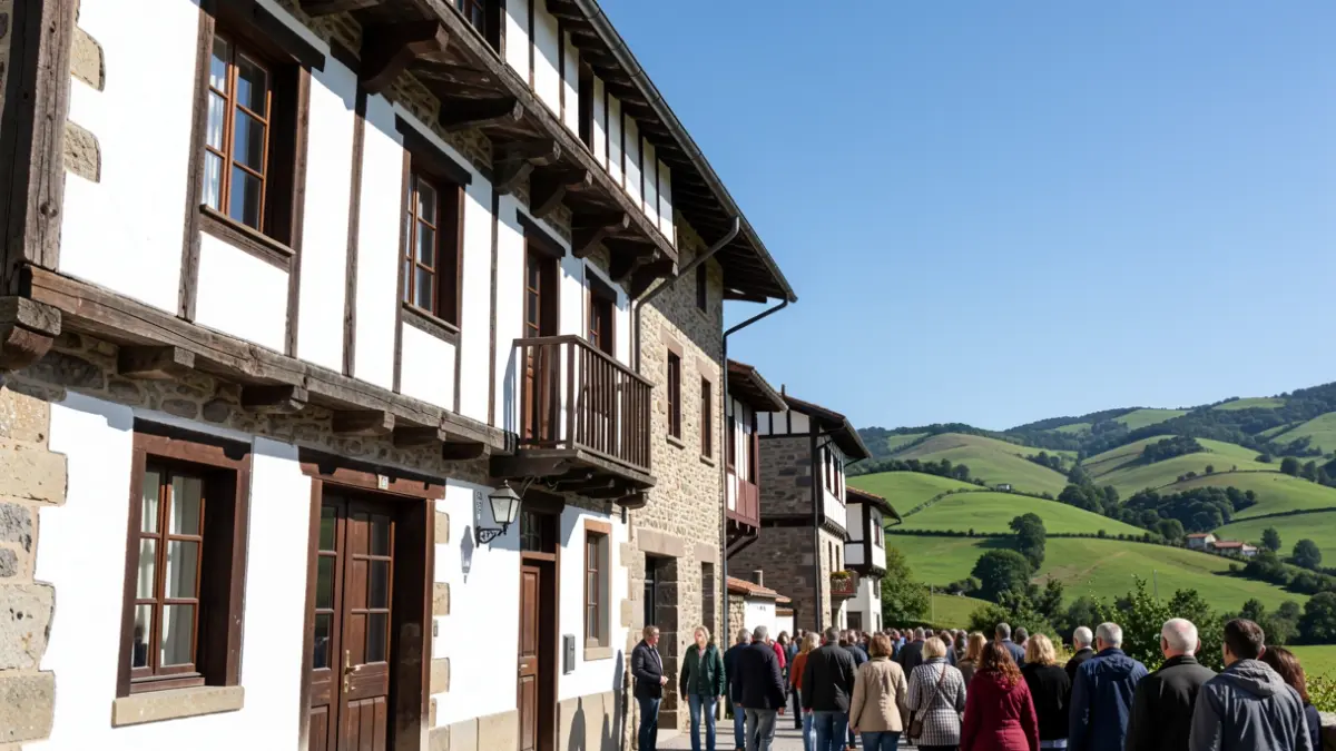 Fachada de un edificio tradicional vasco de piedra con paredes blancas y detalles de madera oscura, con un fondo de colinas verdes y cielo azul claro.