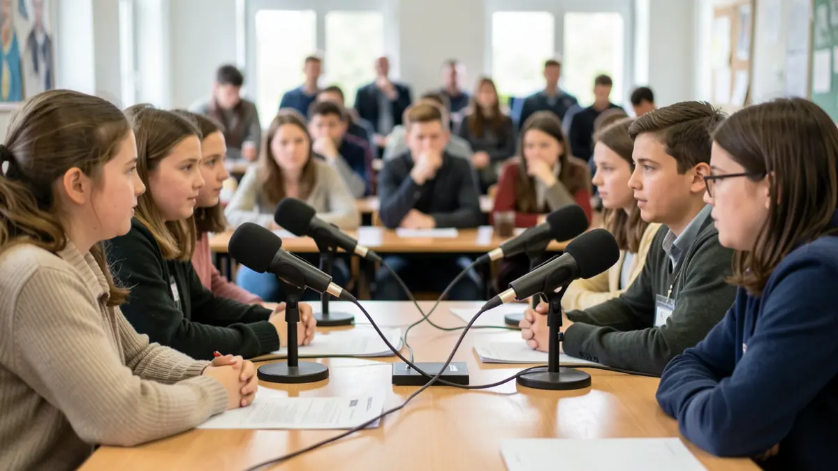 Ikasleak podcast bat grabatzen ikastetxe batean.
