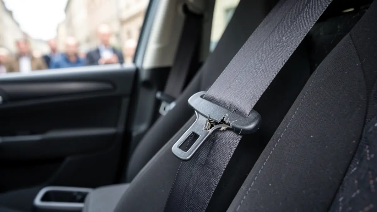 Imagen de primer plano de una hebilla de cinturón de seguridad dañada en un vehículo, simbolizando preocupaciones de seguridad, con el interior del vehículo desenfocado.