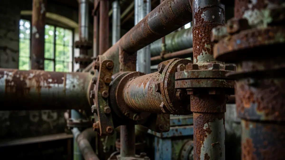 Imagen genérica: Tuberías industriales oxidadas y con signos de desgaste en una fábrica con poca luz.