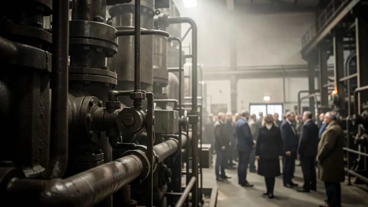 Close-up image of industrial machinery in a dimly lit factory.