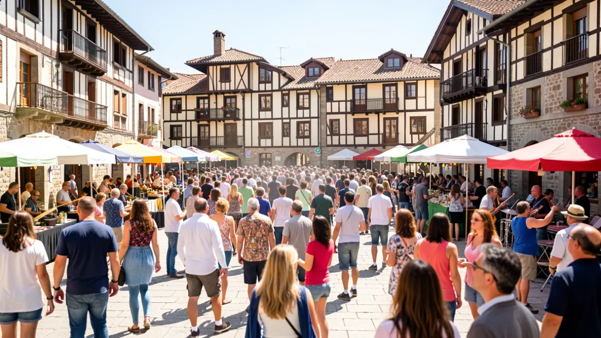 Imagen genérica: Ambiente festivo en una plaza del País Vasco, con multitud y sol.