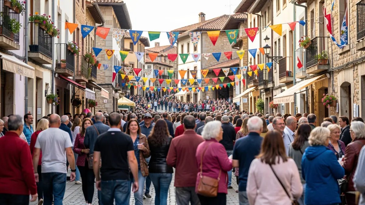 Generic image: Festive atmosphere in a Basque town, with colorful banners and traditional architecture.
