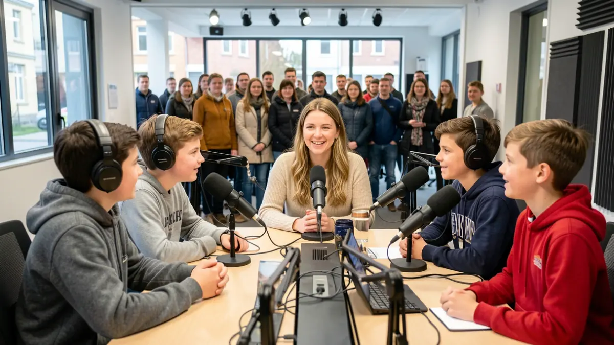 A group of students interviewing a director in a podcast studio.